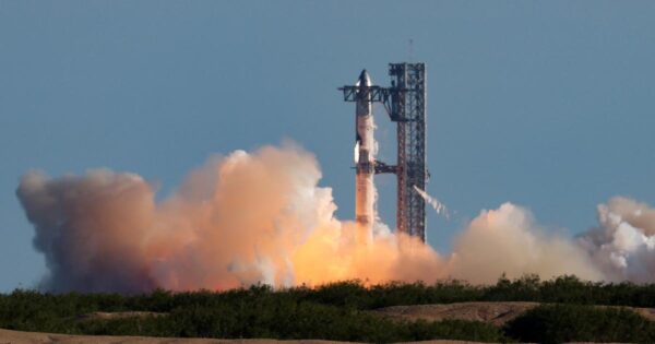 SpaceX successfully launches its Starship mega-rocket but fails to recover its first stage, which ends up in the sea.